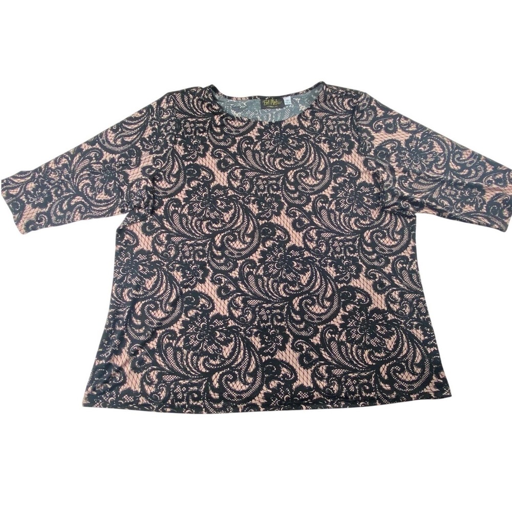 Bob Mackie Wearable Art Pink‎ Black Lace Print Top 2X Elbow Sleeve